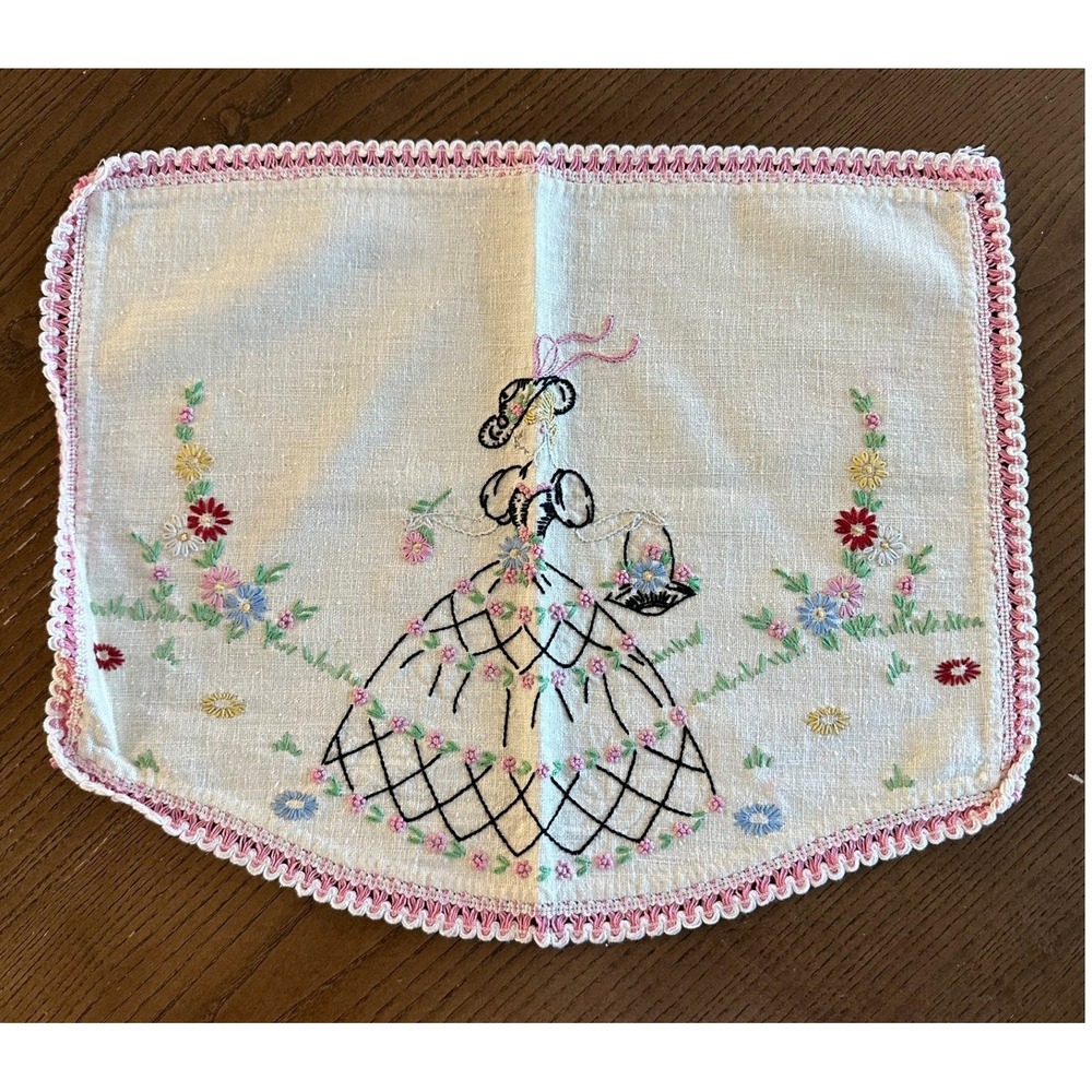 Vintage Hand Embroidered Linen Crinoline Lady Doily Pink Crochet Trim 15x12